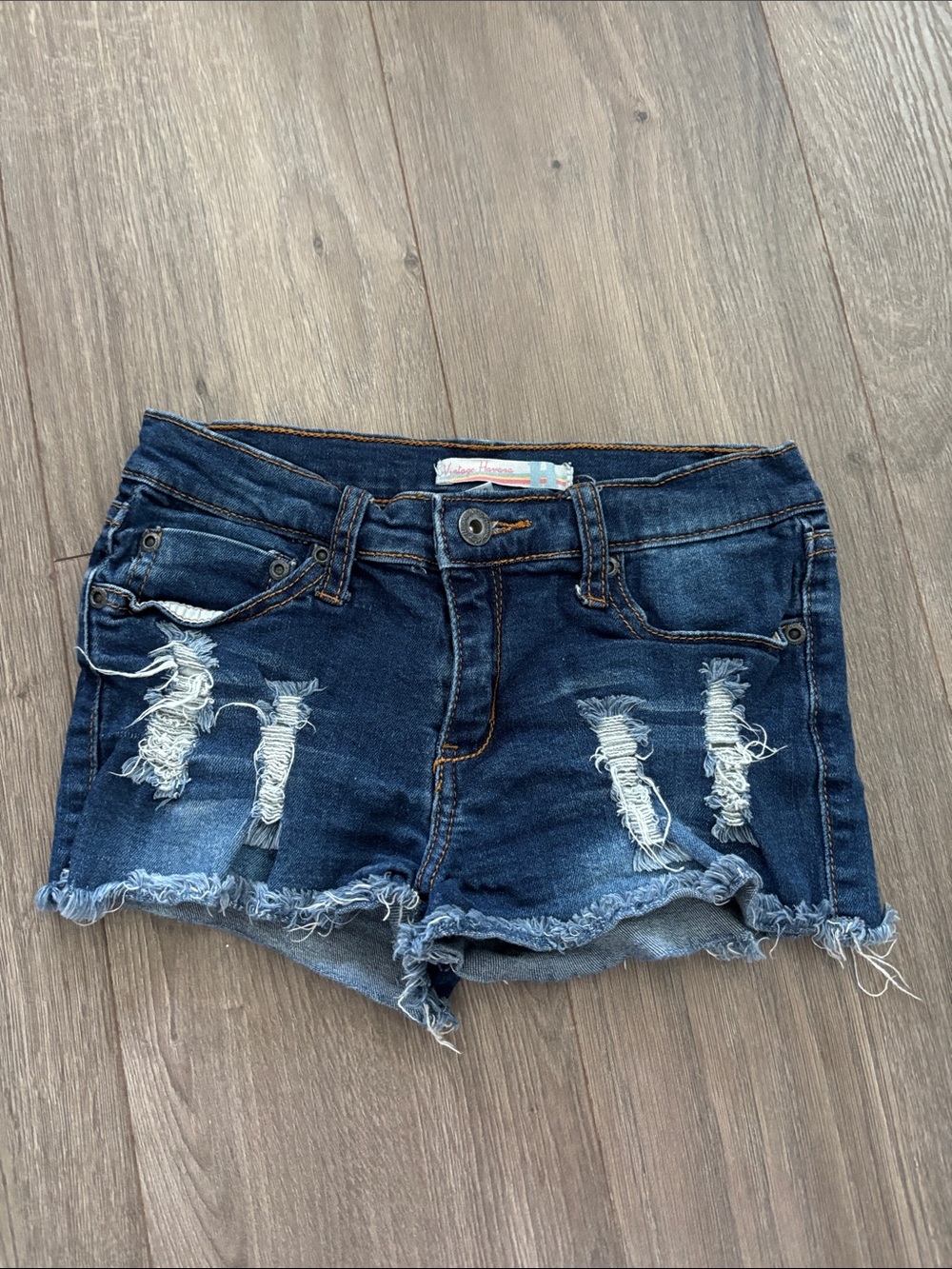 Vintage Havana Dark Blue Distressed Denim Shorts